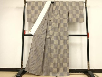 平和屋着物▽生紬 単衣 市松文様 正絹 逸品 AAAV2574fy