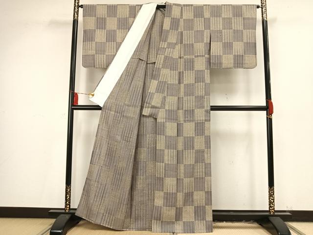 平和屋着物▽生紬 単衣 市松文様 正絹 逸品 AAAV2574fy