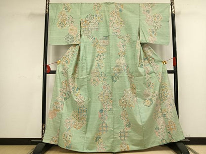 平和屋着物▽上質な紬 単衣 切嵌花文 正絹 逸品 AAAV2578fy