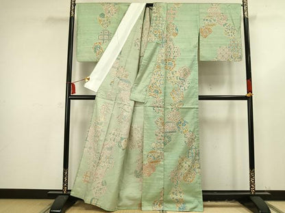 平和屋着物▽上質な紬 単衣 切嵌花文 正絹 逸品 AAAV2578fy