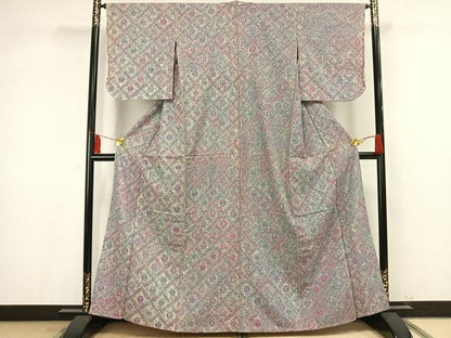 平和屋着物▽上質な紬 単衣 絞り 菱花文 正絹 逸品 AAAV2582fy