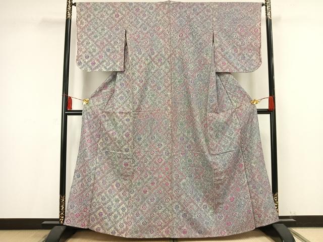 平和屋着物▽上質な紬 単衣 絞り 菱花文 正絹 逸品 AAAV2582fy