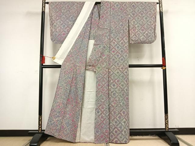 平和屋着物▽上質な紬 単衣 絞り 菱花文 正絹 逸品 AAAV2582fy