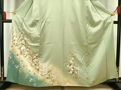 平和屋着物▽訪問着 単衣 駒刺繍 草花文 暈し染め 金彩 正絹 逸品 AAAV2586fy