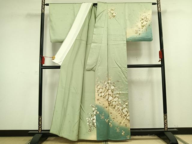 平和屋着物▽訪問着 単衣 駒刺繍 草花文 暈し染め 金彩 正絹 逸品 AAAV2586fy