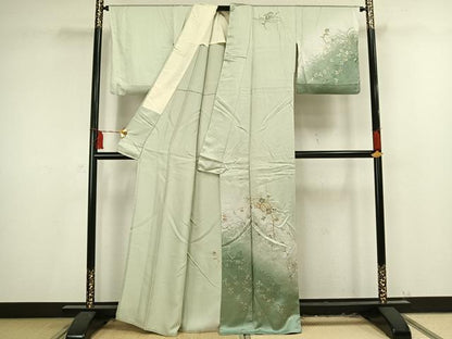 平和屋着物▽訪問着 単衣 刺繍 地紙草花文 金銀彩 正絹 逸品 AAAV2589fy