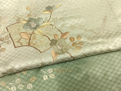 平和屋着物▽訪問着 単衣 刺繍 地紙草花文 金銀彩 正絹 逸品 AAAV2589fy