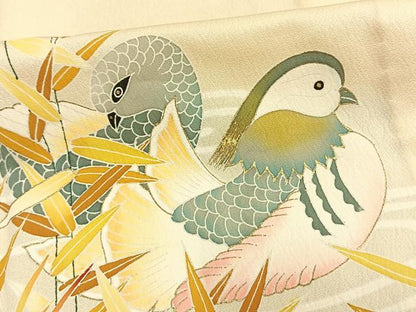 平和屋着物▽訪問着　単衣　友禅　鴛鴦文　正絹　逸品　AAAV2593fy