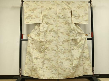 平和屋着物▽上質な紬 単衣 風景樹林文 正絹 逸品 AAAV2611fy