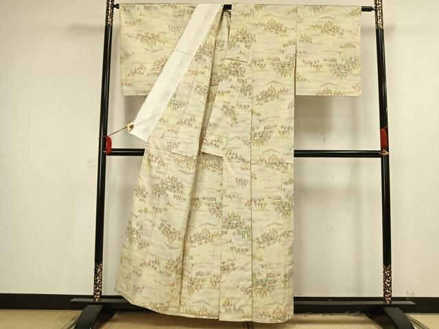 平和屋着物▽上質な紬 単衣 風景樹林文 正絹 逸品 AAAV2611fy