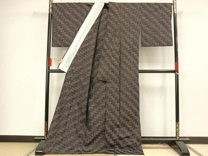 平和屋着物▽上質な紬 単衣 網目文 ロング丈 正絹 逸品 AAAV2614fy