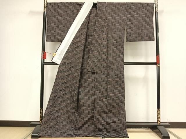 平和屋着物▽上質な紬 単衣 網目文 ロング丈 正絹 逸品 AAAV2614fy