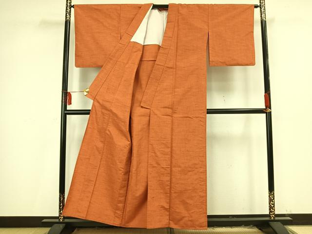平和屋着物▽上質な紬 単衣 色無地 代赭色 正絹 逸品 AAAV2621fy