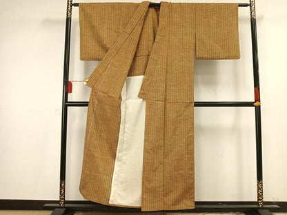 平和屋着物▽上質な紬 単衣 縞 正絹 逸品 AAAV2632fy