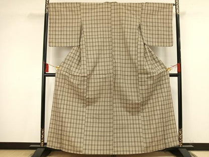 平和屋着物▽上質な紬 単衣 格子 正絹 逸品 AAAV2633fy