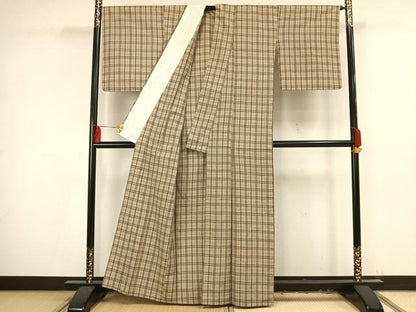 平和屋着物▽上質な紬 単衣 格子 正絹 逸品 AAAV2633fy