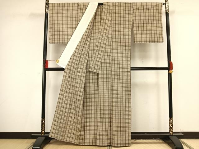 平和屋着物▽上質な紬 単衣 格子 正絹 逸品 AAAV2633fy