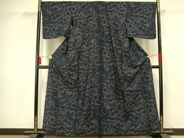 平和屋着物▽上質な紬　単衣　流水草花文　正絹　逸品　AAAV2645fy