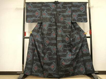 平和屋着物▽本場大島紬　単衣　9マルキ　草花文　正絹　逸品　AAAV2648fy
