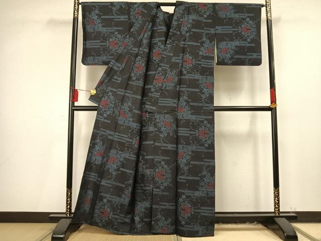 平和屋着物▽本場大島紬　単衣　9マルキ　草花文　正絹　逸品　AAAV2648fy