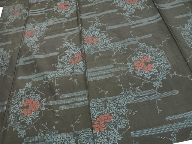 平和屋着物▽本場大島紬　単衣　9マルキ　草花文　正絹　逸品　AAAV2648fy