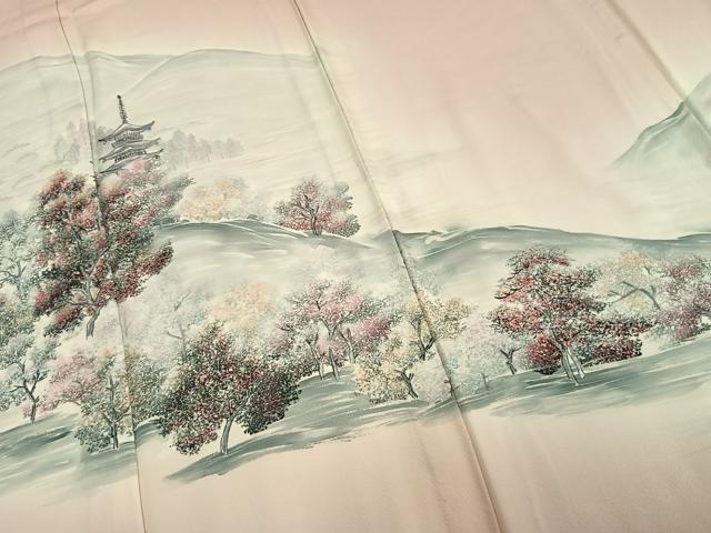平和屋着物▽訪問着 単衣 手描き 風景樹林文 暈し染め 正絹 逸品 AAAV2653fy