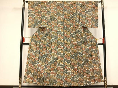 平和屋着物▽上質な小紋 単衣 型染め 花唐草文 正絹 逸品 AAAV2657fy