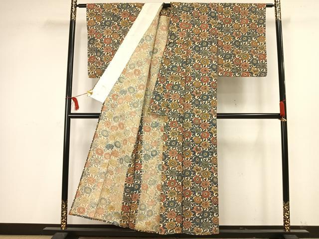 平和屋着物▽上質な小紋 単衣 型染め 花唐草文 正絹 逸品 AAAV2657fy
