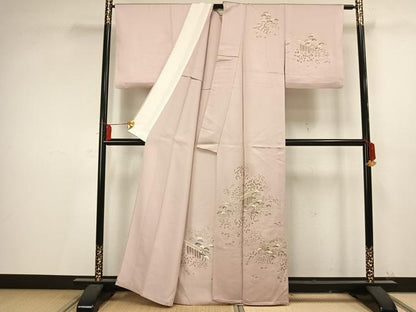 平和屋着物▽訪問着 単衣 駒刺繍 風景枝花文 正絹 逸品 AAAV2661fy