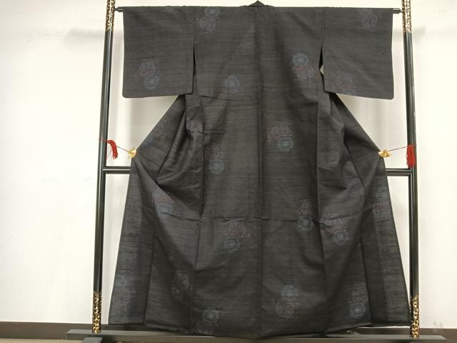 平和屋着物▽結城紬 単衣 鼓文 黒地 正絹 逸品 AAAV2667fy
