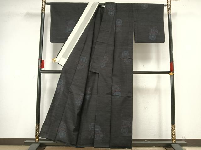 平和屋着物▽結城紬 単衣 鼓文 黒地 正絹 逸品 AAAV2667fy