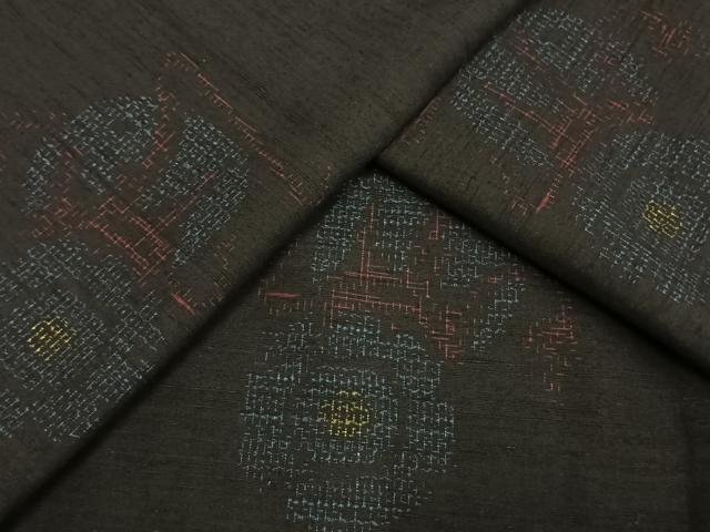 平和屋着物▽結城紬 単衣 鼓文 黒地 正絹 逸品 AAAV2667fy