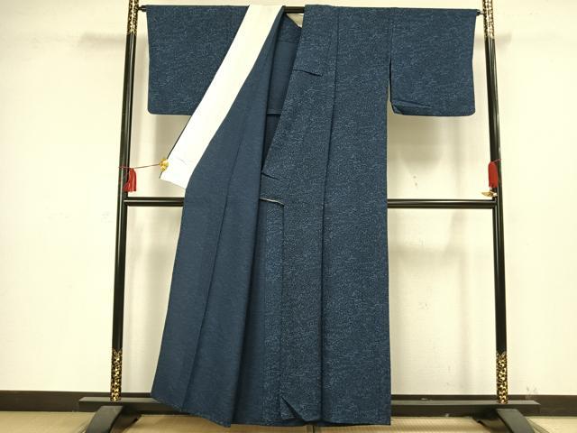 平和屋着物▽上質な小紋　単衣　藍　型染め　草花文　正絹　逸品　AAAV2671fy