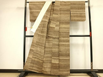 平和屋着物▽上質な紬 単衣 横縞 正絹 逸品 AAAV2678fy