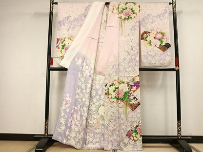 平和屋着物▽小振袖 二尺袖 単衣 草花文 金彩 正絹 逸品 AAAV2680fy