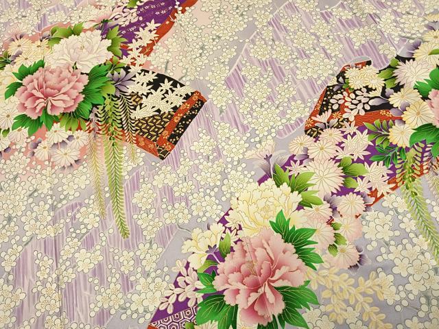 平和屋着物▽小振袖 二尺袖 単衣 草花文 金彩 正絹 逸品 AAAV2680fy
