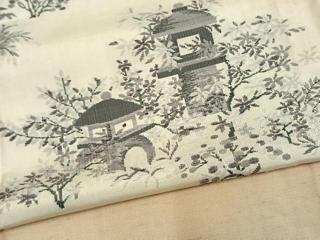 平和屋着物▽訪問着 単衣 紬地 風景草木文 正絹 逸品 AAAV2681fy