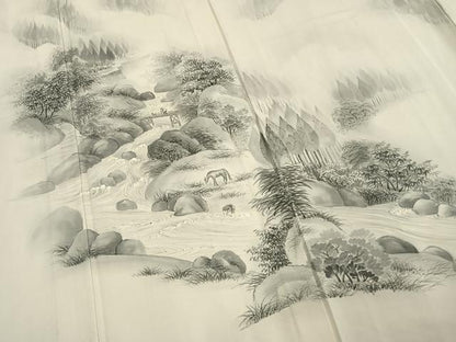 平和屋着物▽訪問着　単衣　手描き　風景文　正絹　逸品　AAAV2682fy
