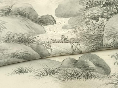 平和屋着物▽訪問着　単衣　手描き　風景文　正絹　逸品　AAAV2682fy