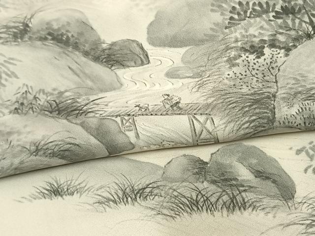平和屋着物▽訪問着　単衣　手描き　風景文　正絹　逸品　AAAV2682fy