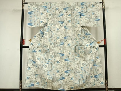 平和屋着物▽上質な紬 単衣 切嵌草花文 正絹 逸品 AAAV2693fy