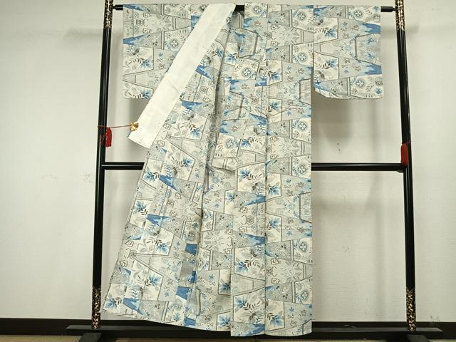 平和屋着物▽上質な紬 単衣 切嵌草花文 正絹 逸品 AAAV2693fy