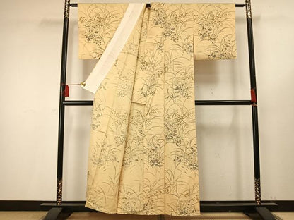 平和屋着物▽上質な小紋 単衣 手描き 草花文 正絹 逸品 AAAV2694fy
