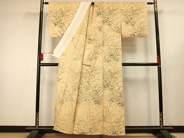 平和屋着物▽上質な小紋 単衣 手描き 草花文 正絹 逸品 AAAV2694fy