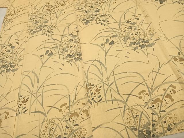 平和屋着物▽上質な小紋 単衣 手描き 草花文 正絹 逸品 AAAV2694fy