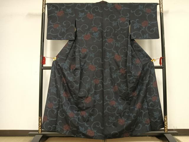 平和屋着物▽上質な紬 単衣 花唐草文 正絹 逸品 AAAV2696fy