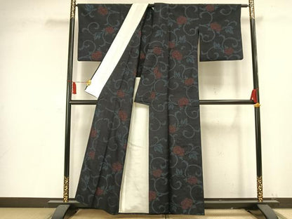 平和屋着物▽上質な紬 単衣 花唐草文 正絹 逸品 AAAV2696fy