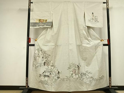 平和屋着物▽本場大島紬 単衣 作家物 手描き 人物風景文 証紙付き 正絹 逸品 AAAV2697fy