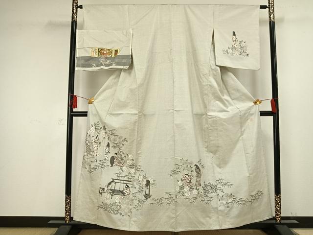 平和屋着物▽本場大島紬 単衣 作家物 手描き 人物風景文 証紙付き 正絹 逸品 AAAV2697fy