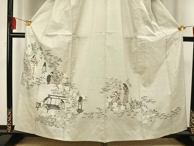 平和屋着物▽本場大島紬 単衣 作家物 手描き 人物風景文 証紙付き 正絹 逸品 AAAV2697fy